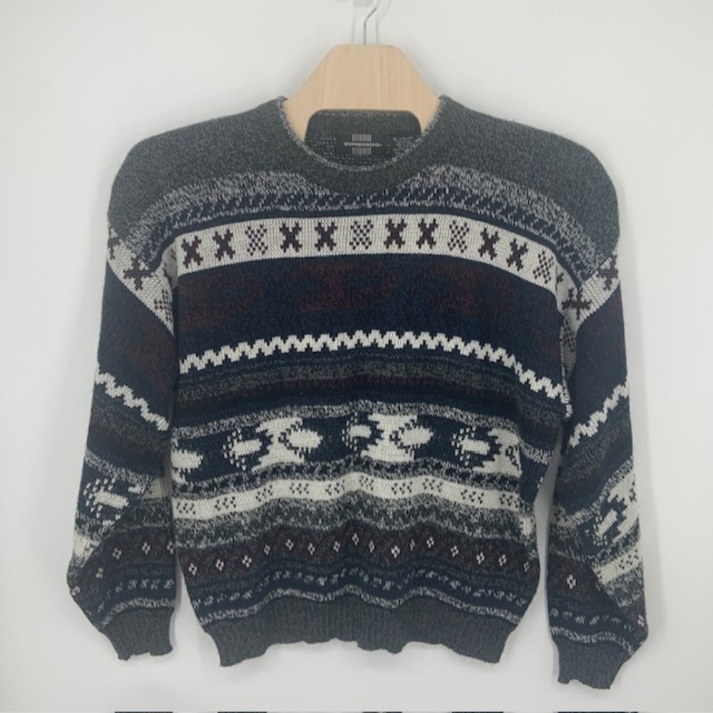 Vintage 90s Expressions Sweater XL Geometric Grandpa Cabin Folk Knit Made Korea